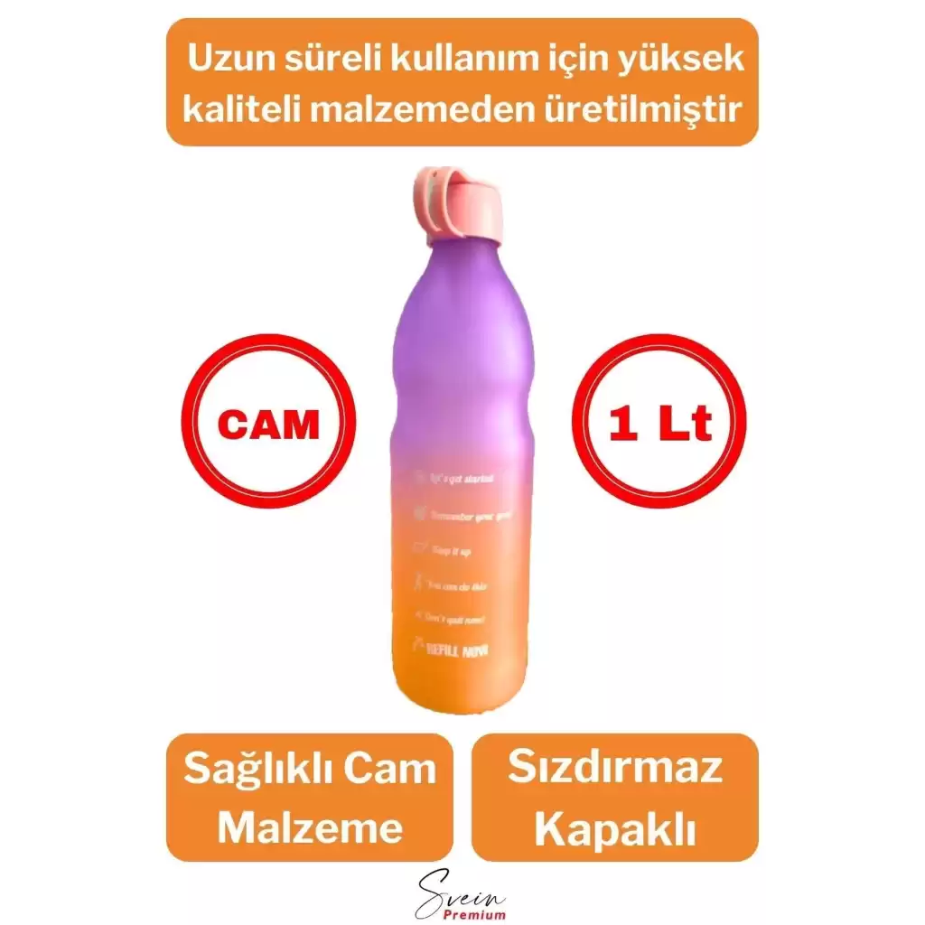 Premium Sızdırmaz Motivasyonel Sporcu Cam Renkli Su Matarası 1 Litre Suluk Tritan Bpa İçermez 1 Adet