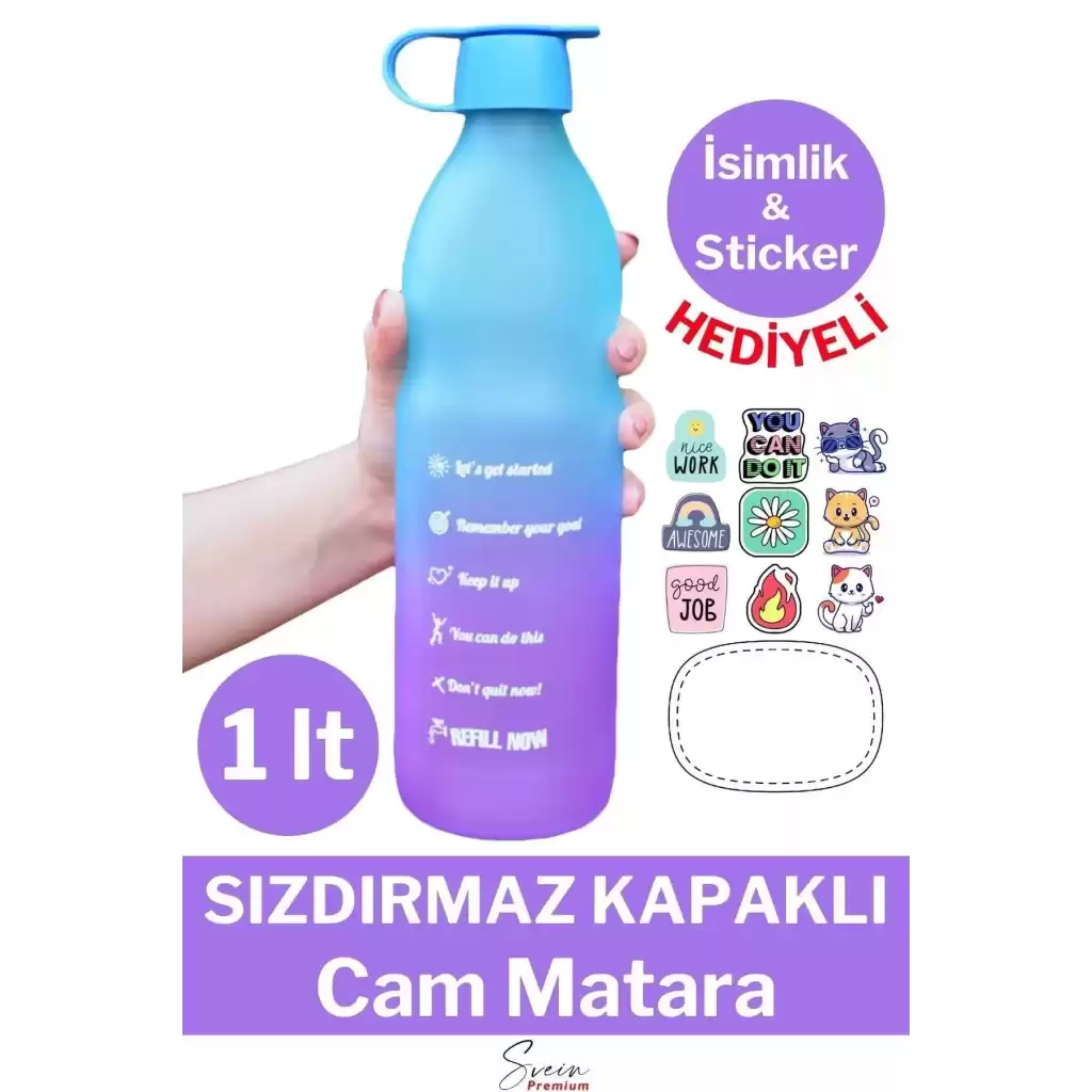 Premium Sızdırmaz Motivasyonel Sporcu Cam Renkli Su Matarası 1 Litre Suluk Tritan Bpa İçermez 1 Adet