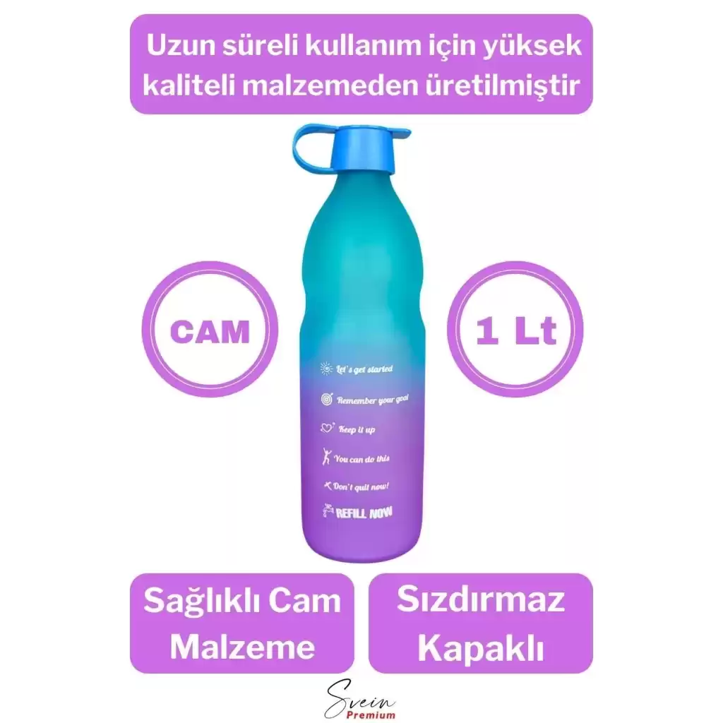 Premium Sızdırmaz Motivasyonel Sporcu Cam Renkli Su Matarası 1 Litre Suluk Tritan Bpa İçermez 1 Adet
