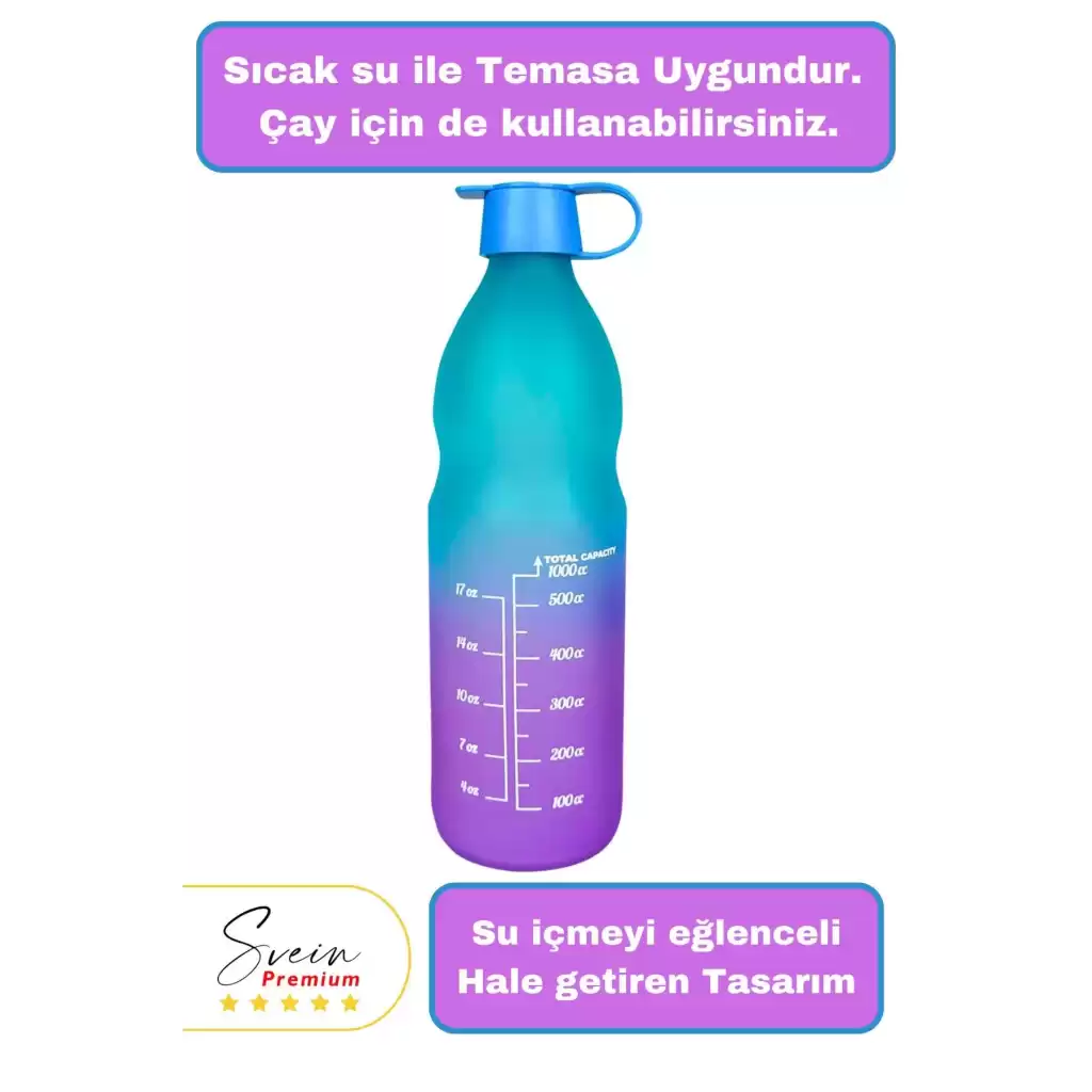 Premium Sızdırmaz Motivasyonel Sporcu Cam Renkli Su Matarası 1 Litre Suluk Tritan Bpa İçermez 1 Adet