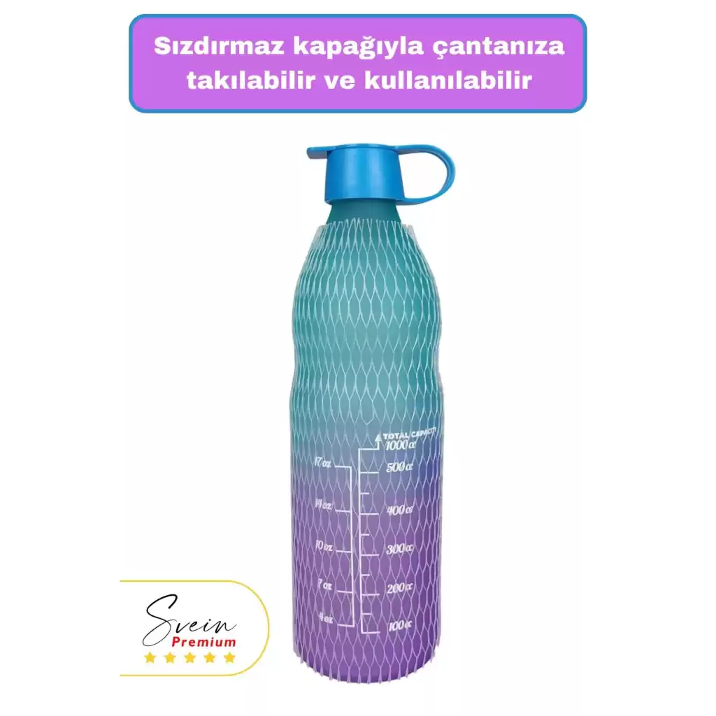 Premium Sızdırmaz Motivasyonel Sporcu Cam Renkli Su Matarası 1 Litre Suluk Tritan Bpa İçermez 1 Adet
