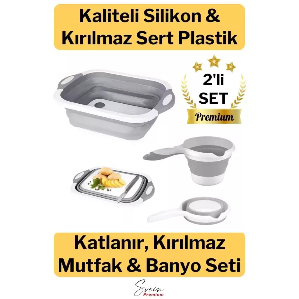 Çok Amaçlı Premium Katlanır Kesme Tahtası Tıpalı Yıkama Leğeni Badya ve Koçero Su Maşrapası 2li Set