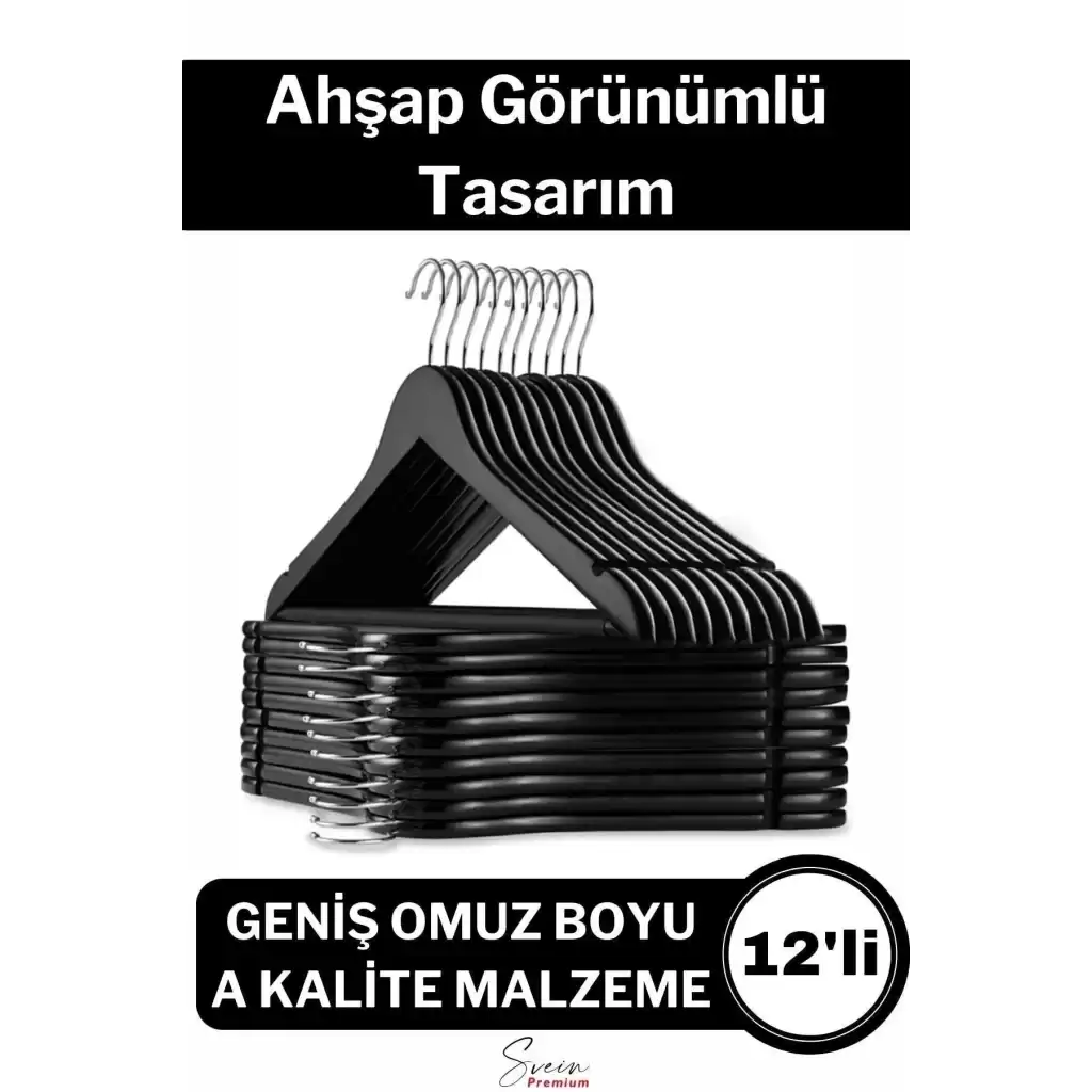 Premium Ahşap Görünümlü Kırılmaz Dayanıklı Plastik A Kalite Siyah Kıyafet Elbise Askı 12li