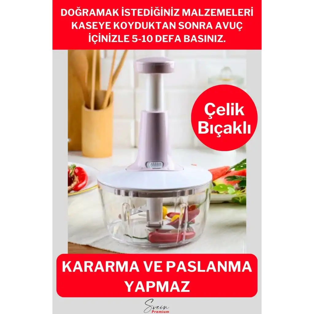Pratik Taşınabilir Basmalı El Rondo Soğan Sebze Meyve Doğrayıcı Paslanmaz Çelik Bıçaklı El Robotu