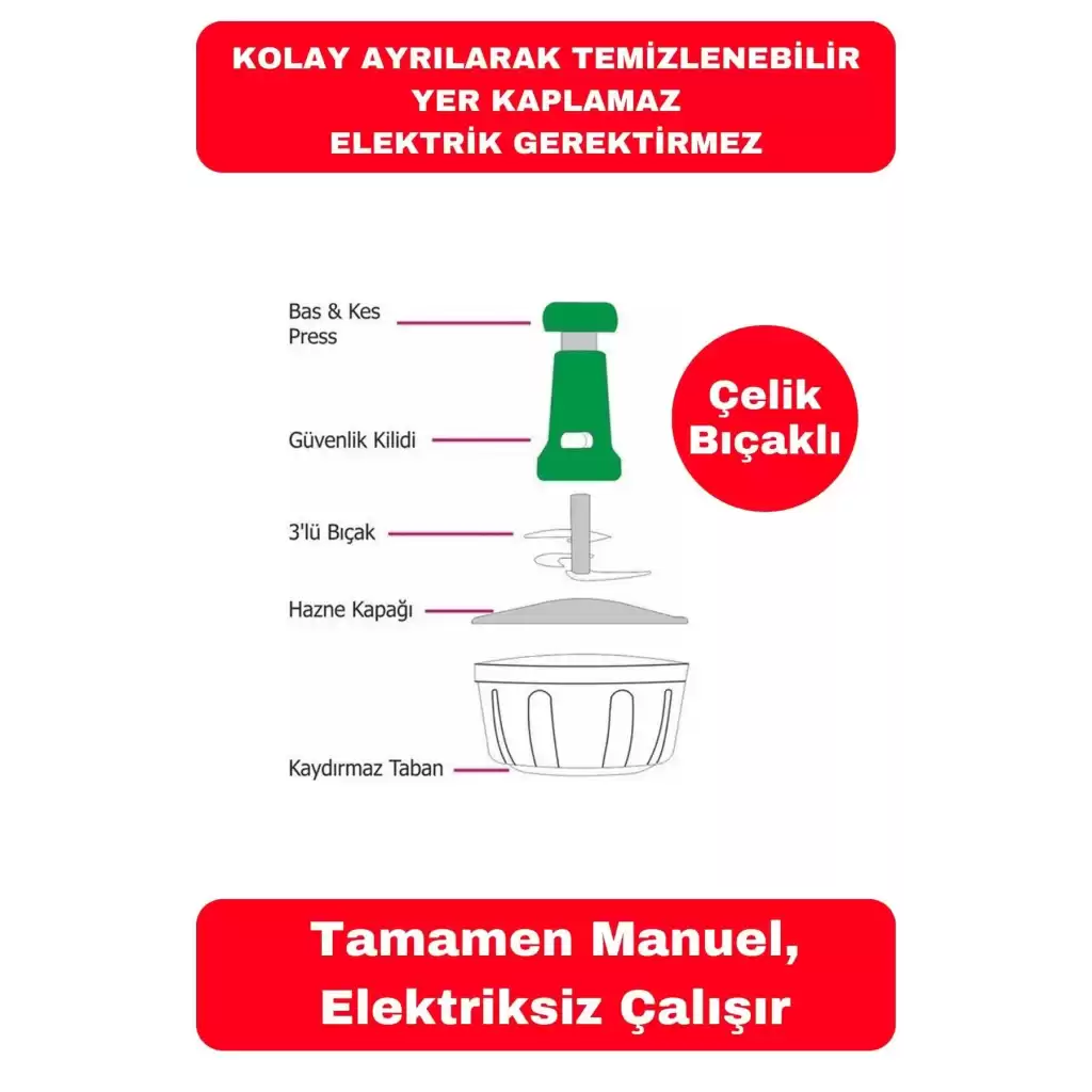 Pratik Taşınabilir Basmalı El Rondo Soğan Sebze Meyve Doğrayıcı Paslanmaz Çelik Bıçaklı El Robotu