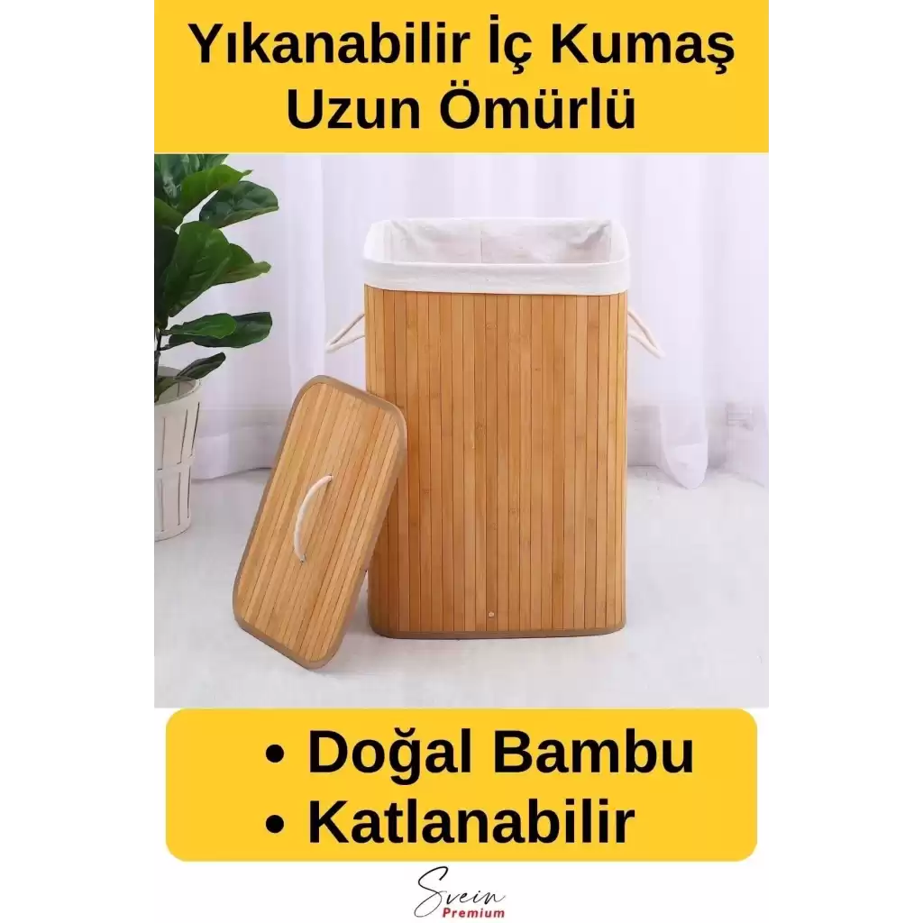 Kapaklı El Yapımı Dekoratif Modern Doğal Ahşap Bambu Banyo Kirli Çamaşır Sepeti 40 X 30 X 60 Cm