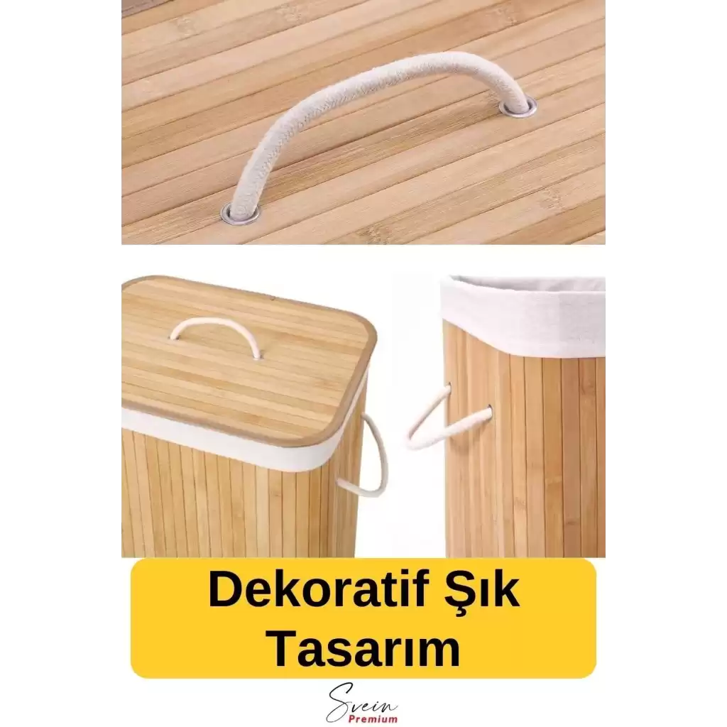 Kapaklı El Yapımı Dekoratif Modern Doğal Ahşap Bambu Banyo Kirli Çamaşır Sepeti 40 X 30 X 60 Cm