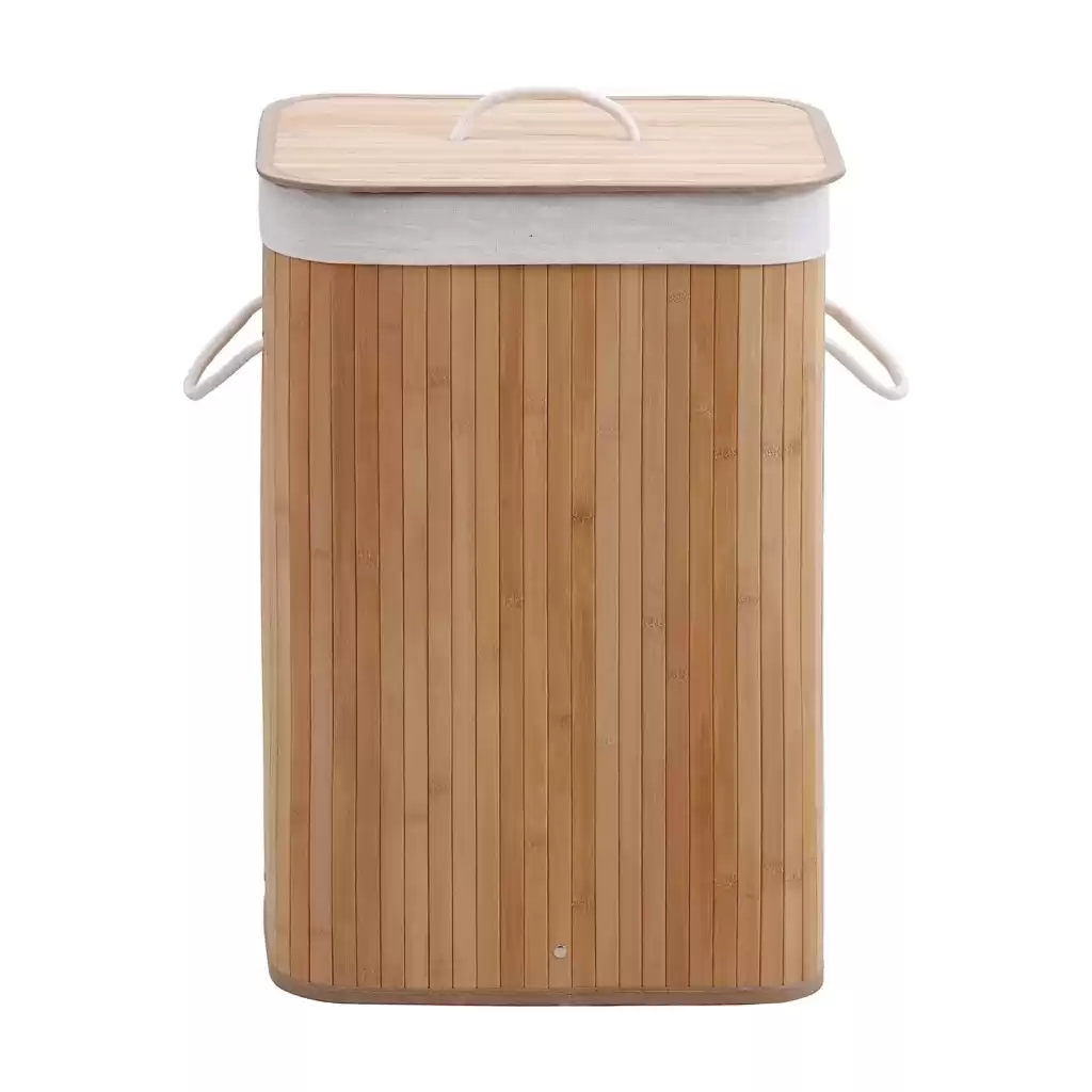 Kapaklı El Yapımı Dekoratif Modern Doğal Ahşap Bambu Banyo Kirli Çamaşır Sepeti 40 X 30 X 60 Cm