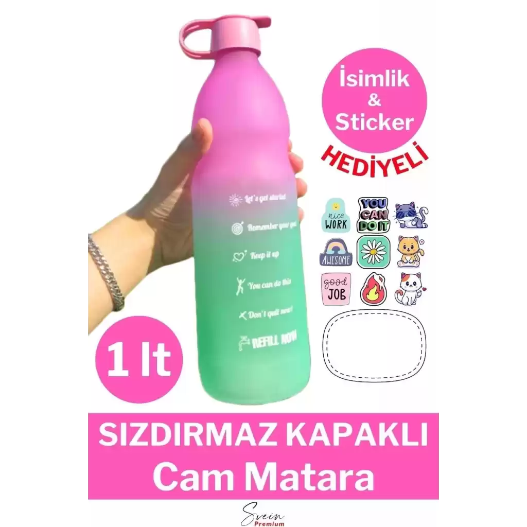 Premium Sızdırmaz Motivasyonel Sporcu Cam Renkli Su Matarası 1 Litre Suluk Tritan Bpa İçermez 1 Adet