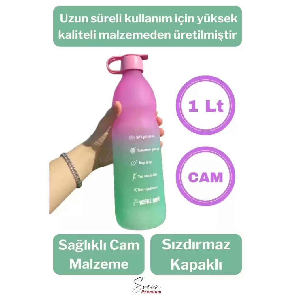 Premium Sızdırmaz Motivasyonel Sporcu Cam Renkli Su Matarası 1 Litre Suluk Tritan Bpa İçermez 1 Adet