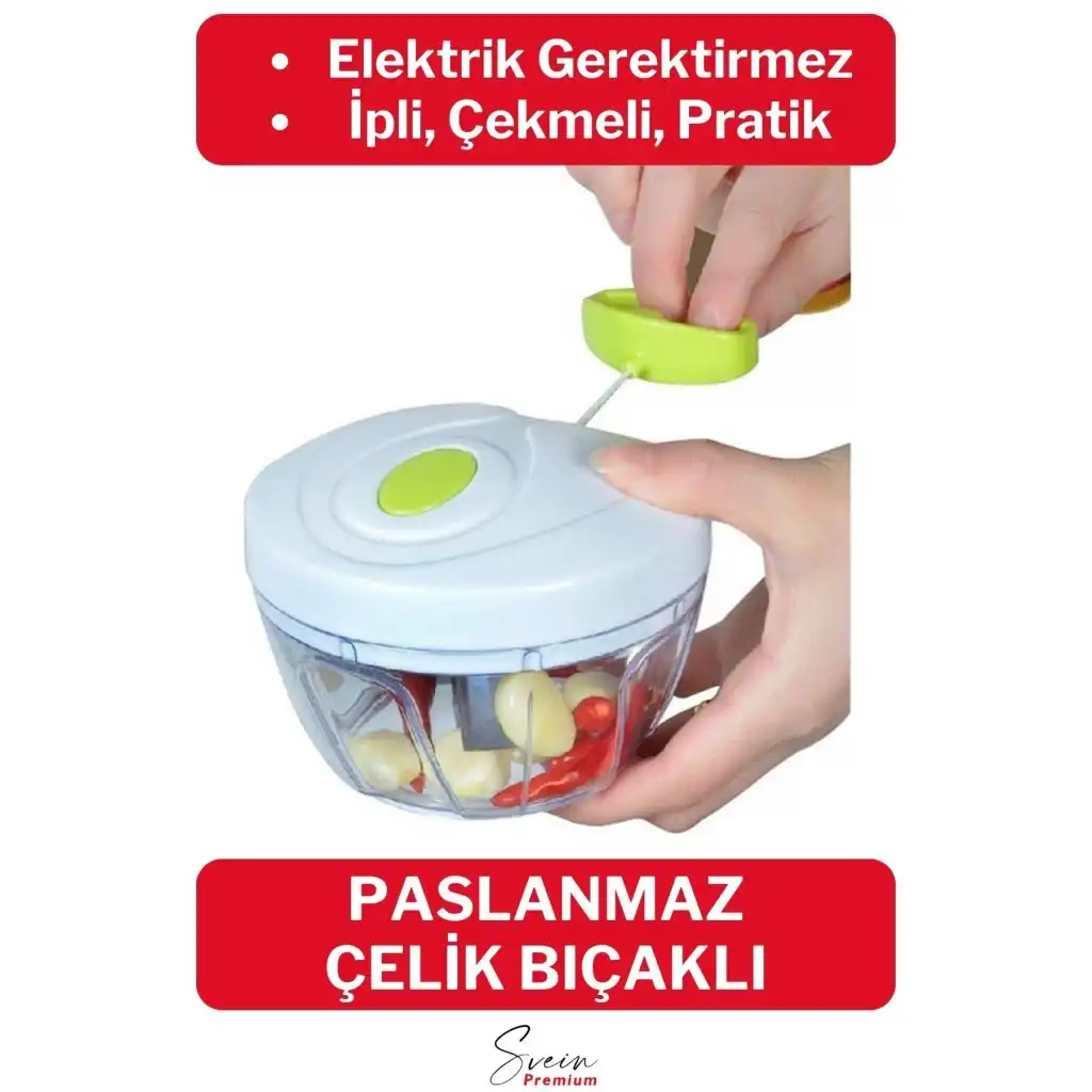 Premium Manuel 3 Bıçaklı Ipli Çekmeli Paslanmaz El Rondosu Kolay Hızlı Meyve Sebze Soğan Doğrayıcı