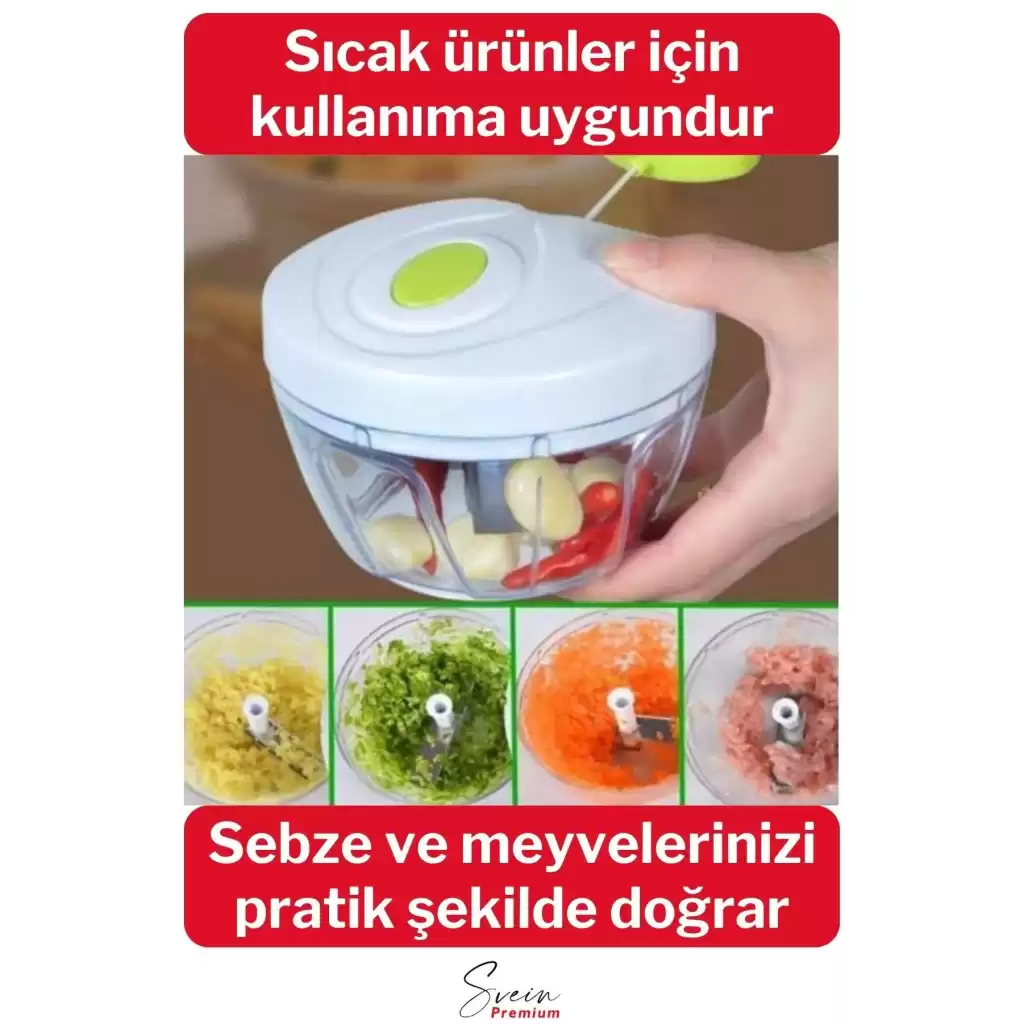 Premium Manuel 3 Bıçaklı Ipli Çekmeli Paslanmaz El Rondosu Kolay Hızlı Meyve Sebze Soğan Doğrayıcı