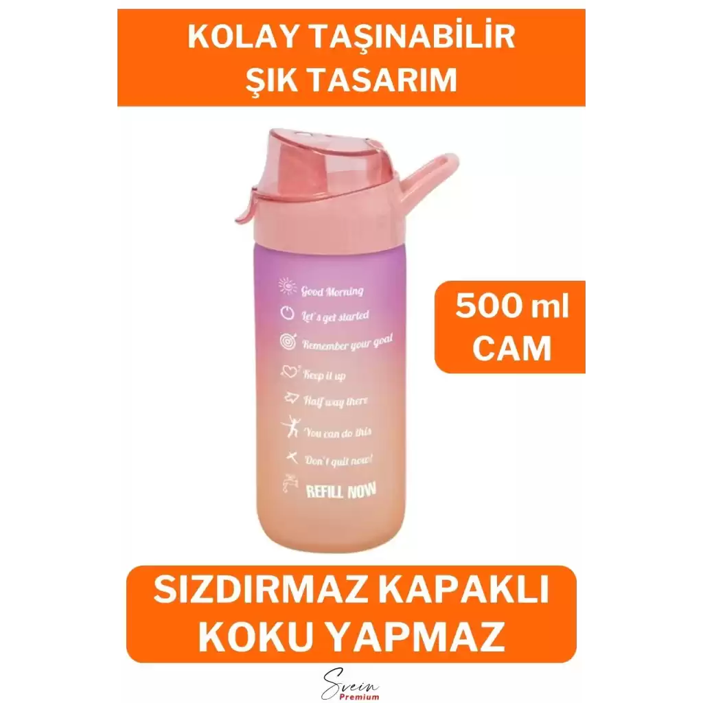 Motivasyonel Cam Su Şişesi Çift Renkli Kapaklı Sızdırmaz Akıtmaz Sporcu Suluk Bpa İçermez 500 ml