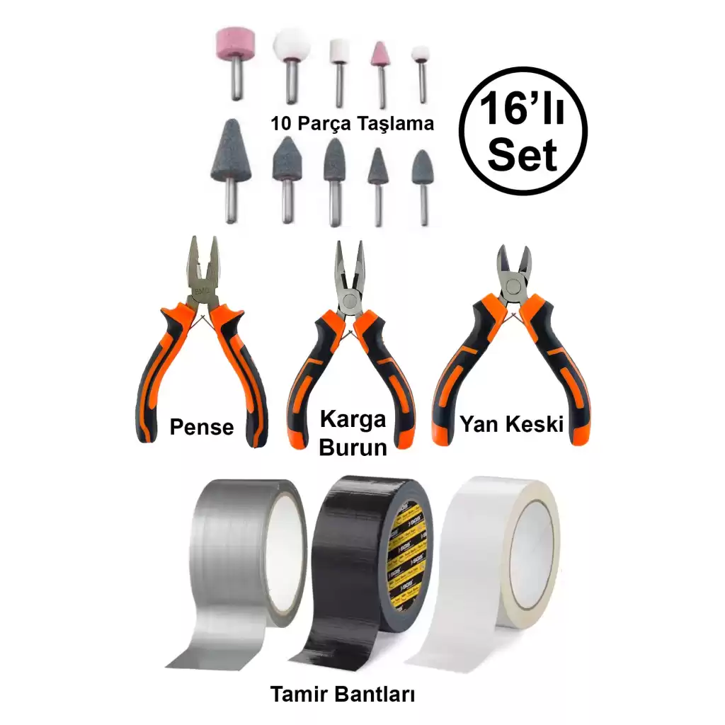 Mini Hobi Karga Burun Yan Keski Pense 10lu Taşlama Uç Çok Amaçlı Siyah Beyaz Gri Tamir Bandı Seti