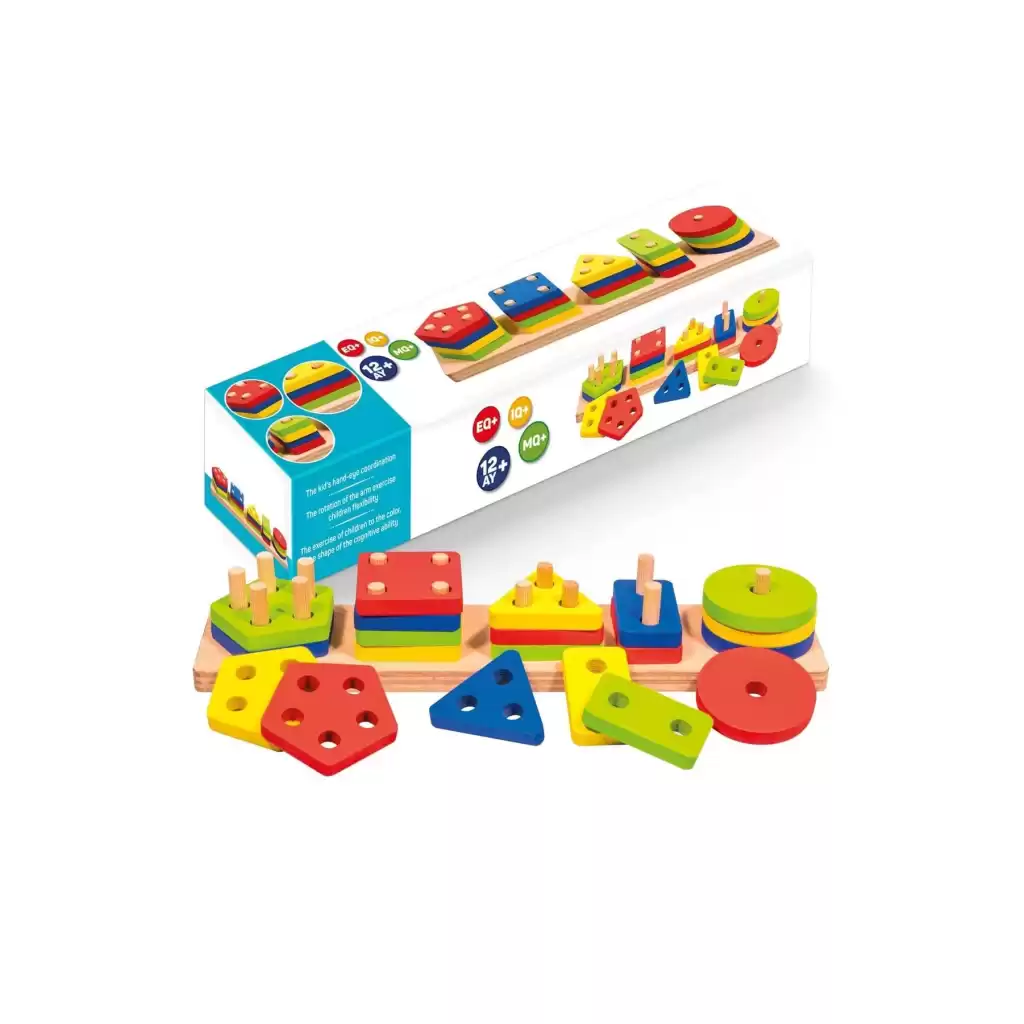 Eğitici Ahşap Geometrik Şekiller Geçirmeli Bultak Yerleştirme Oyunu 5li Puzzle Zeka Geliştirme