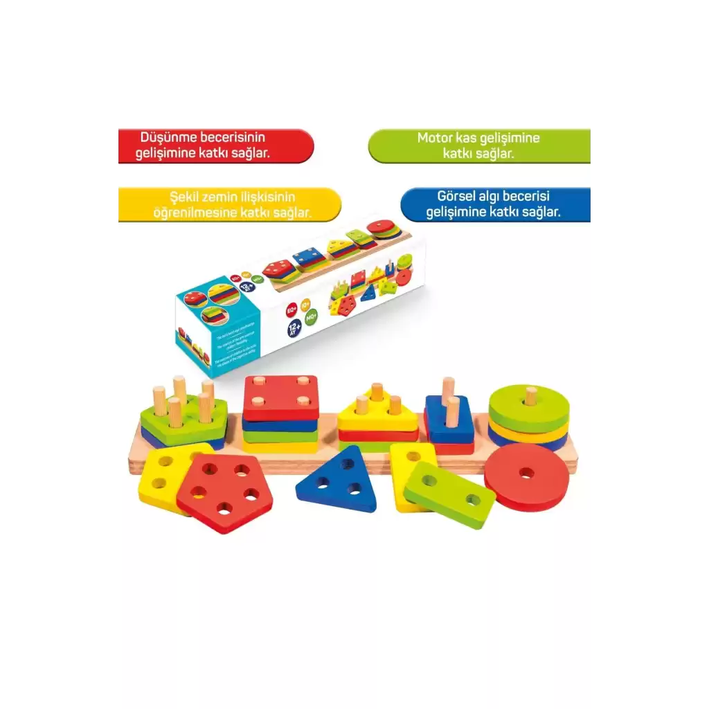 Eğitici Ahşap Geometrik Şekiller Geçirmeli Bultak Yerleştirme Oyunu 5li Puzzle Zeka Geliştirme
