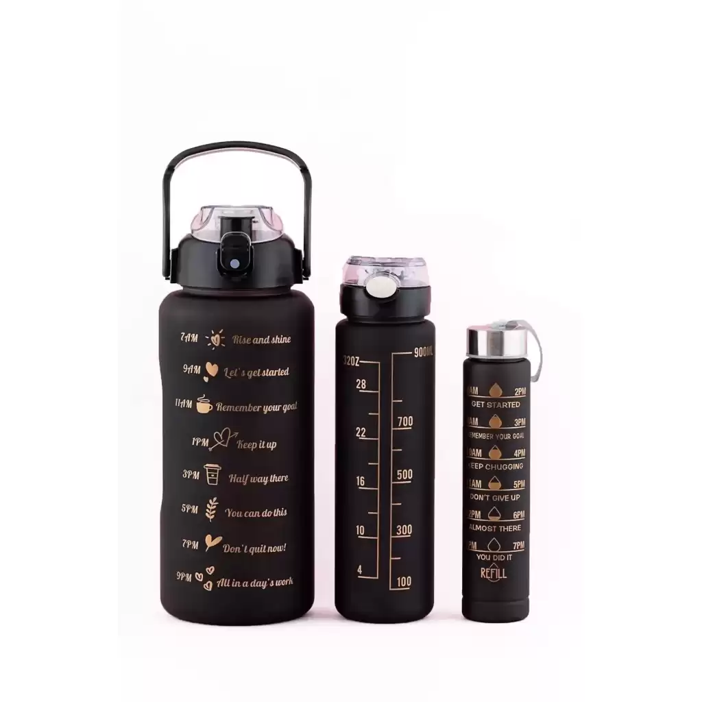 3lü Siyah Motivasyonel Set Su Matarası Şişesi Suluk 2 lt 900 ml 500 ml Tritan Spor Okul Ofis Günlük