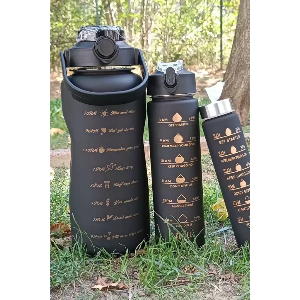 3lü Siyah Motivasyonel Set Su Matarası Şişesi Suluk 2 lt 900 ml 500 ml Tritan Spor Okul Ofis Günlük