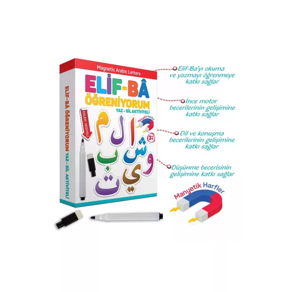 Elif Ba Öğreniyorum Yaz Sil Aktivite Manyetik Kalem Hediyeli Arabic Letters Arapça Alfabe Eğitim Set