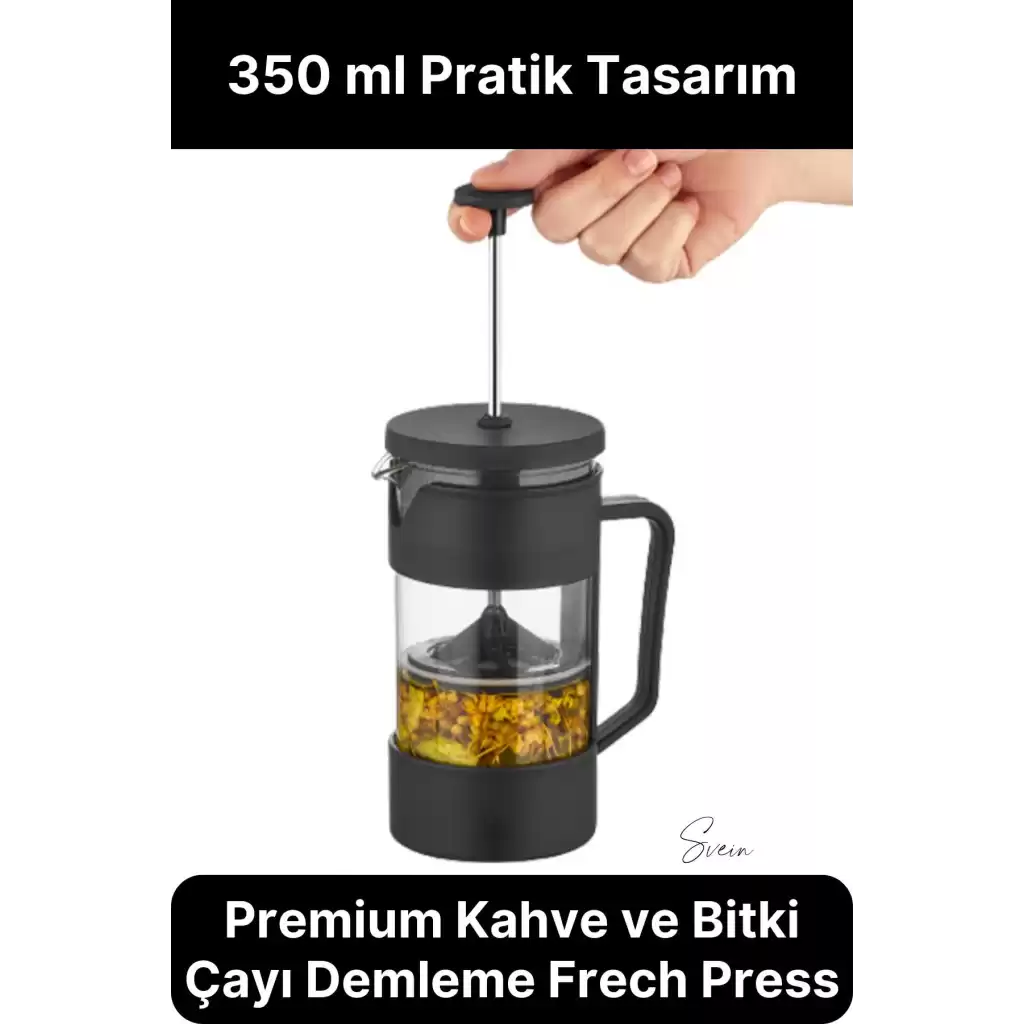 Premium Kahve ve Bitki Çayı Demleme Hazırlayıcı French Press Pratik Kulplu Demlik 350 ml Siyah