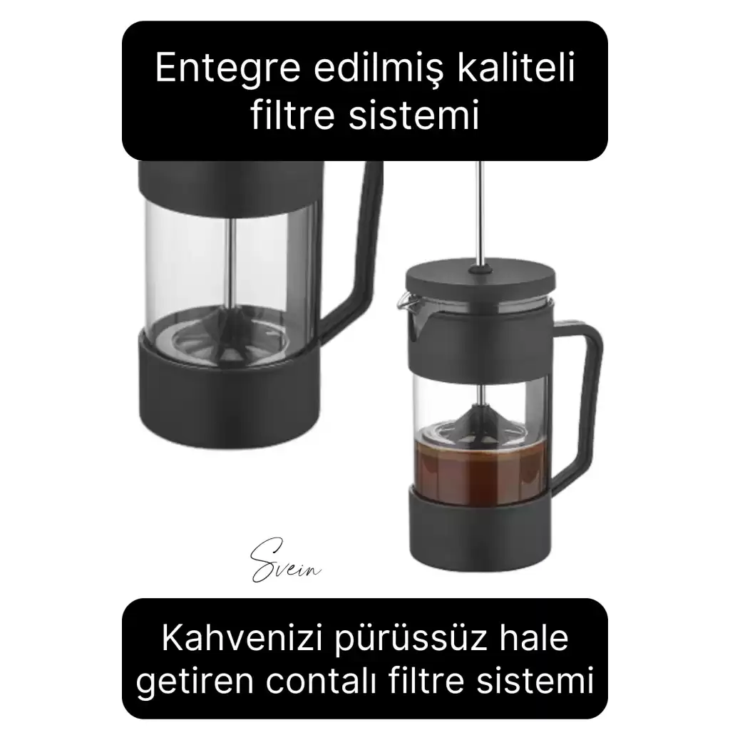 Premium Kahve ve Bitki Çayı Demleme Hazırlayıcı French Press Pratik Kulplu Demlik 350 ml Siyah