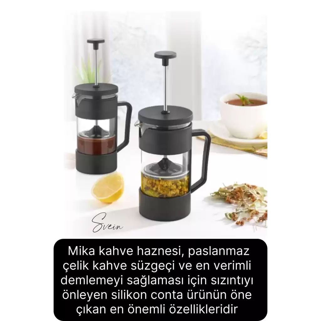 Premium Kahve ve Bitki Çayı Demleme Hazırlayıcı French Press Pratik Kulplu Demlik 350 ml Siyah