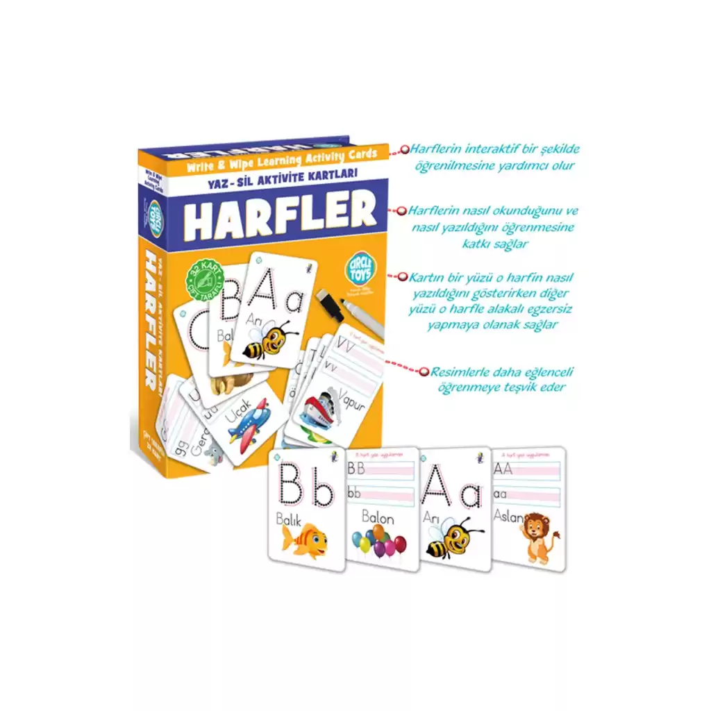 Premium Eğitici Öğretici Harfler Yaz Sil Aktivite Kartları Çift Taraflı Alfabe Seti Okul Öncesi