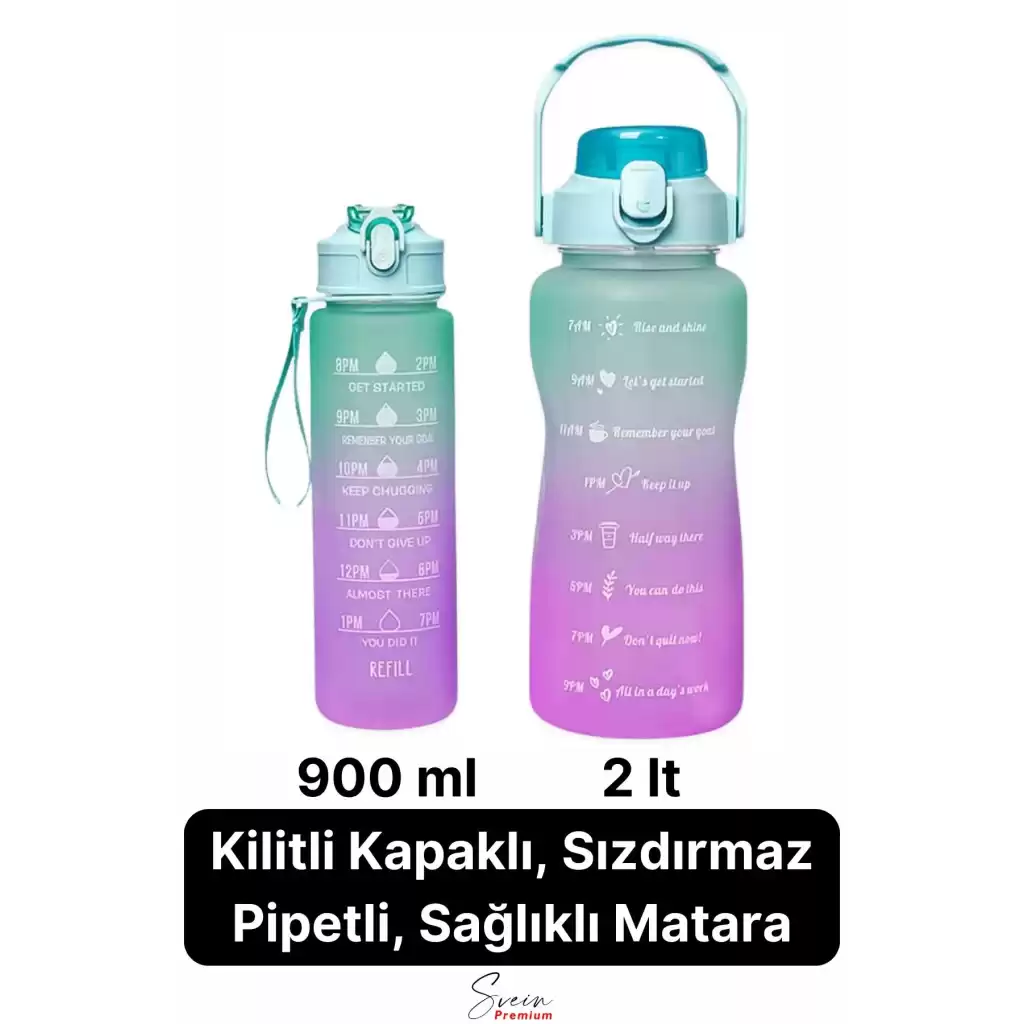 2li Pipetli Sızdırmaz Bpa free Motivasyon Sporcu Suluk Matara Günlük Su Şişesi 2 lt 900 ml