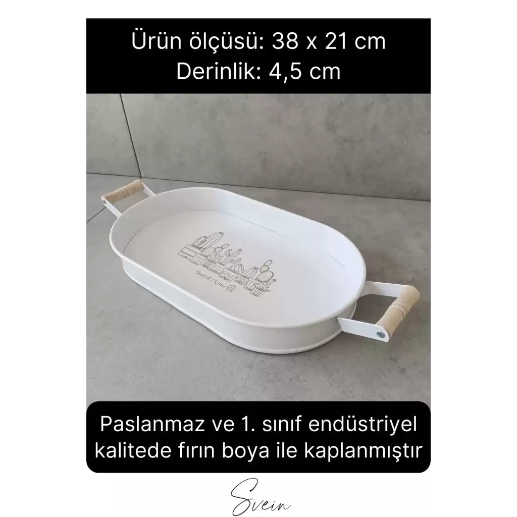Lüks Ahşap Kulplu Geniş Metal Oval Krem Renk Servis Sunum Tepsi Sweet Home Yazılı Dekoratif Modern