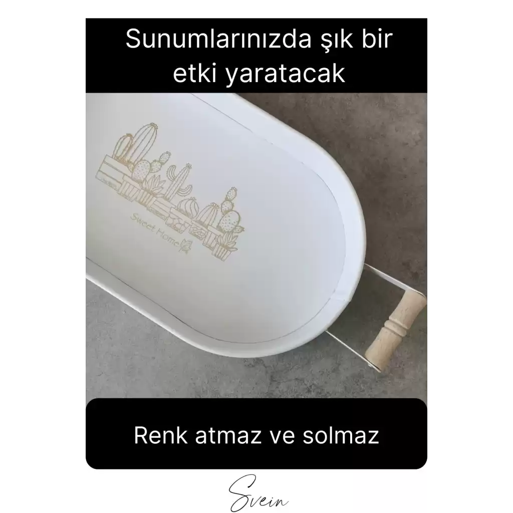 Lüks Ahşap Kulplu Geniş Metal Oval Krem Renk Servis Sunum Tepsi Sweet Home Yazılı Dekoratif Modern