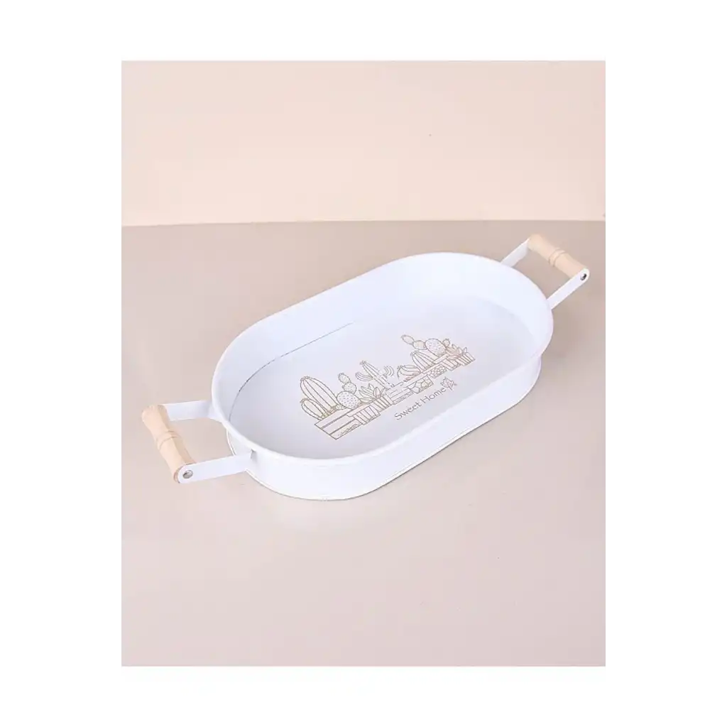Lüks Ahşap Kulplu Geniş Metal Oval Krem Renk Servis Sunum Tepsi Sweet Home Yazılı Dekoratif Modern