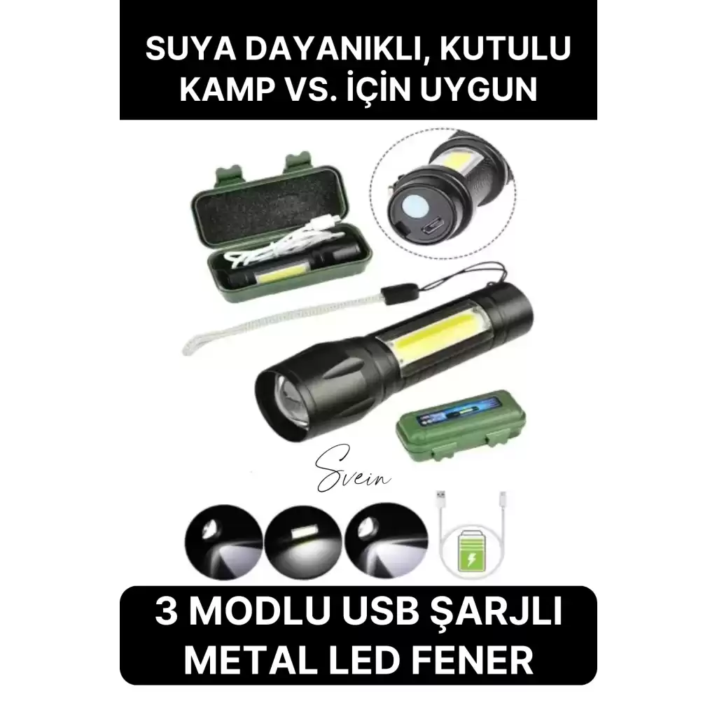 3 Modlu Güçlü Usb Type-C Şarjlı Mini Su Geçirmez Metal Taşınabilir Kutulu Kamp Işık Led El Feneri