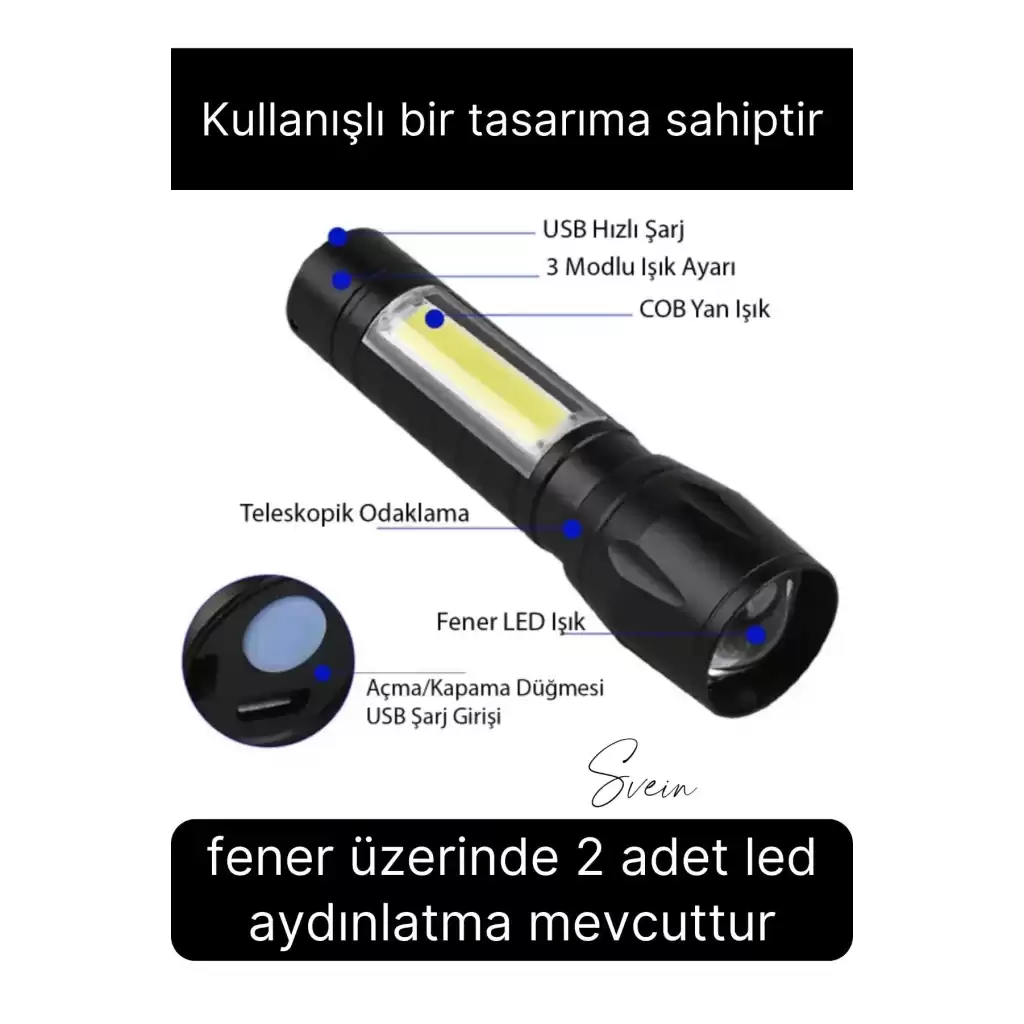 3 Modlu Güçlü Usb Type-C Şarjlı Mini Su Geçirmez Metal Taşınabilir Kutulu Kamp Işık Led El Feneri
