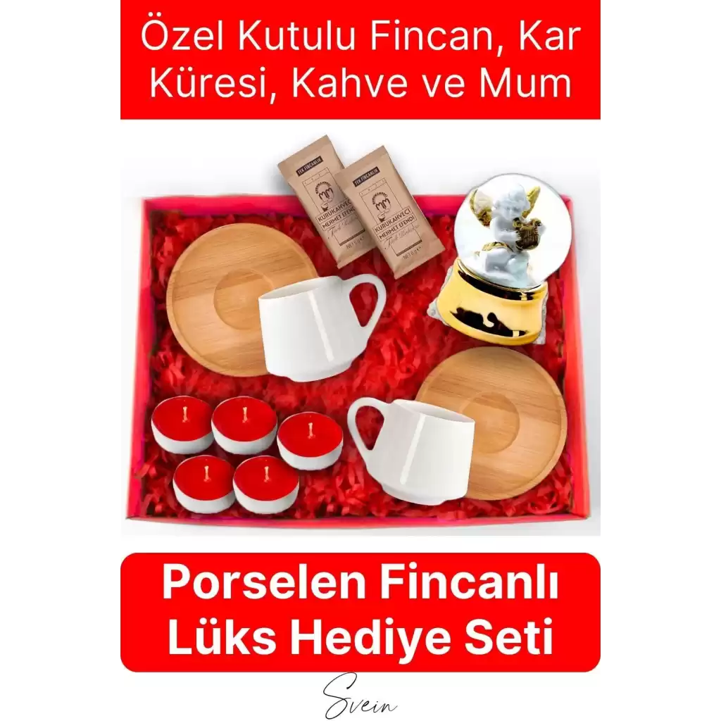 Deluxe Sevgililer Günü Anneler Günü Özel Kutulu Porselen Kahve Fincanı Kar Küresi Mum Hediye Seti