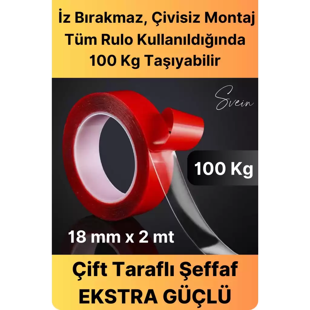 100 Kg Şeffaf Çift Taraflı Çok Amaçlı Güçlü Tamir Silikon Bant Dış Mekan Akrilik Bandı 18 mm-2 mt