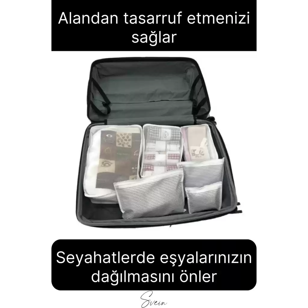 6lı Valiz Bavul Düzenleyici Seyahat Çantası Organizer Hurç Set Fermuarlı Gri Çizgi Fileli