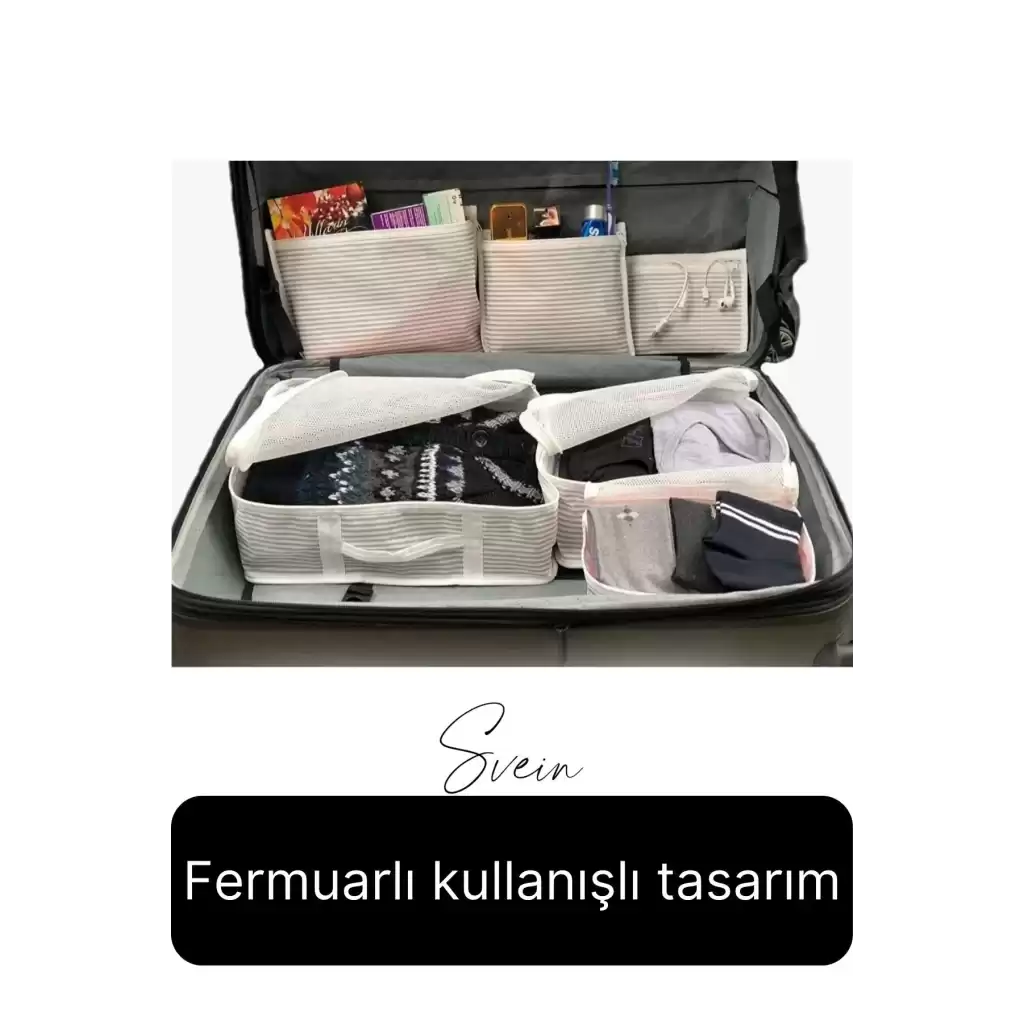 6lı Valiz Bavul Düzenleyici Seyahat Çantası Organizer Hurç Set Fermuarlı Gri Çizgi Fileli