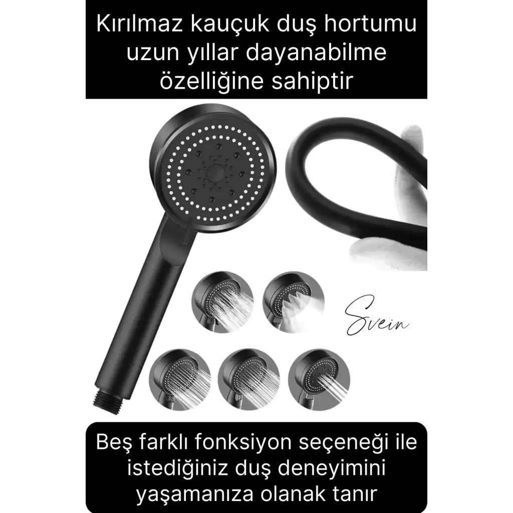 Premium Duş Seti 5 Fonksiyonlu Tasarruflu Başlık Esnek Kırılmaz Çatlamaz Paslanmaz Sızdırmaz Hortum