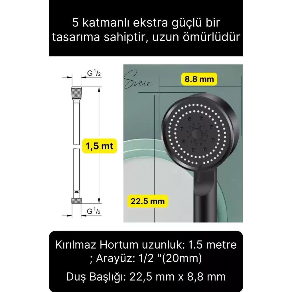 Premium Duş Seti 5 Fonksiyonlu Tasarruflu Başlık Esnek Kırılmaz Çatlamaz Paslanmaz Sızdırmaz Hortum