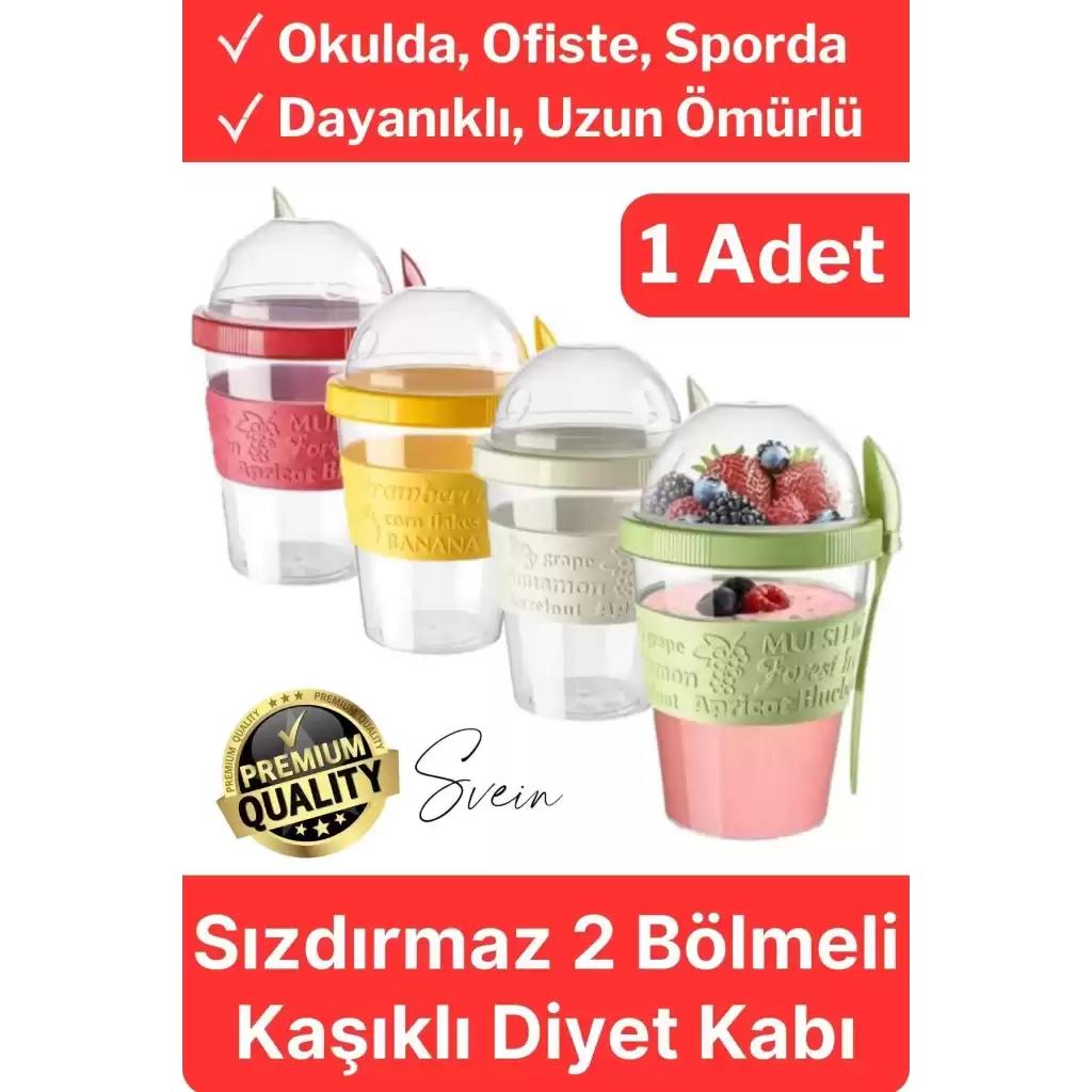 Pratik Sızdırmaz Kapaklı Bölmeli Kaşıklı Taşınabilir Yiyecek Mama Ara Öğün Yoğurt Diyet Saklama Kabı