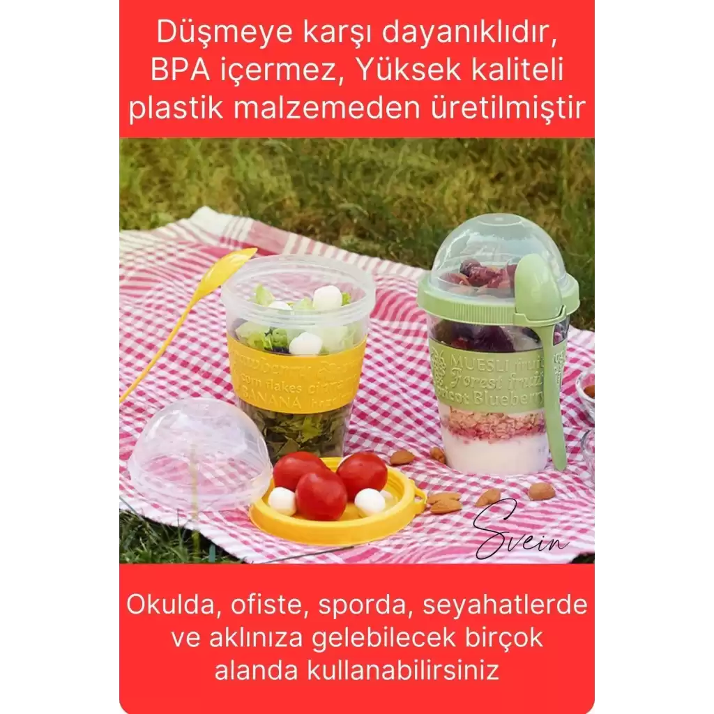 Pratik Sızdırmaz Kapaklı Bölmeli Kaşıklı Taşınabilir Yiyecek Mama Ara Öğün Yoğurt Diyet Saklama Kabı