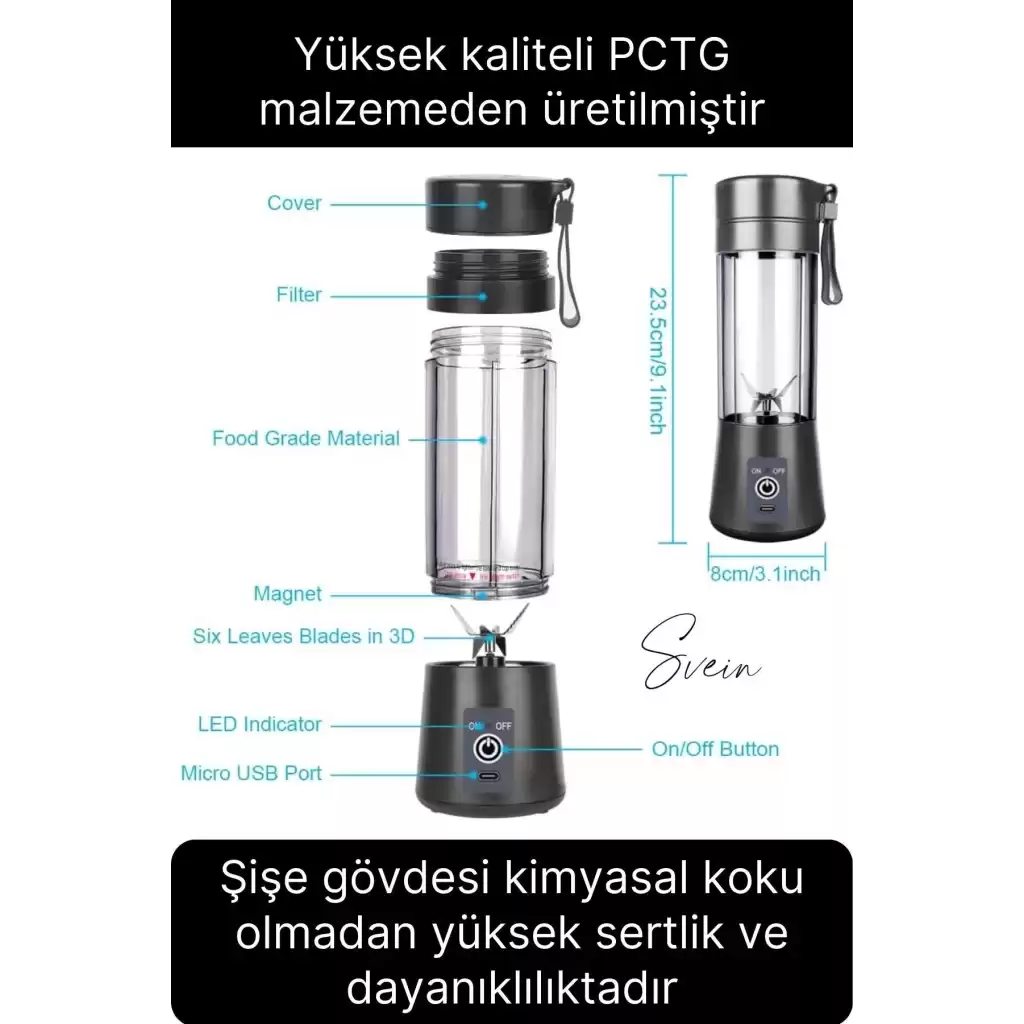 Portatif Taşınabilir Elektrikli Mini Meyve Sıkacağı Smoothie Milkshake Şarjlı Blender Karıştırıcı