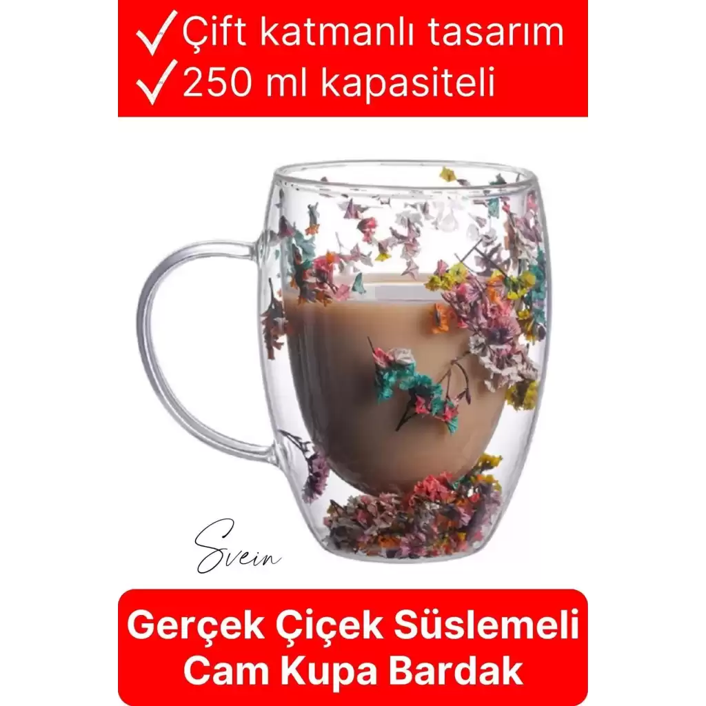 Premium Kurutulmuş Çiçekli Şık Çift Katman Cam Kupa Bardak Hediyelik Kulplu Fincan 250 ml