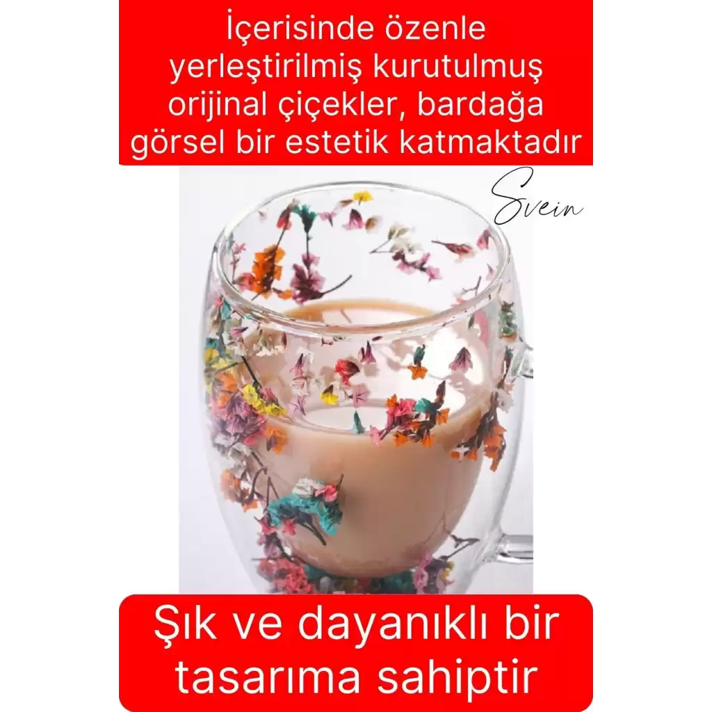 Premium Kurutulmuş Çiçekli Şık Çift Katman Cam Kupa Bardak Hediyelik Kulplu Fincan 250 ml