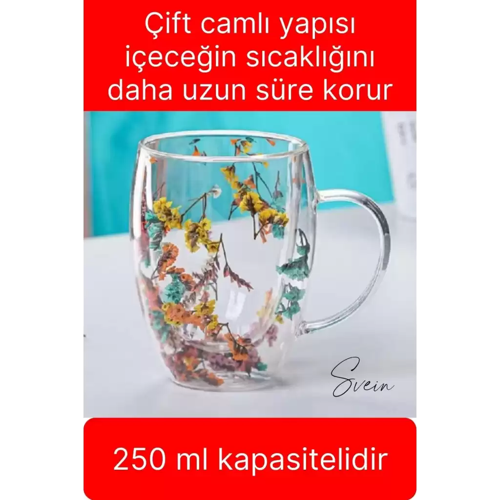 Premium Kurutulmuş Çiçekli Şık Çift Katman Cam Kupa Bardak Hediyelik Kulplu Fincan 250 ml