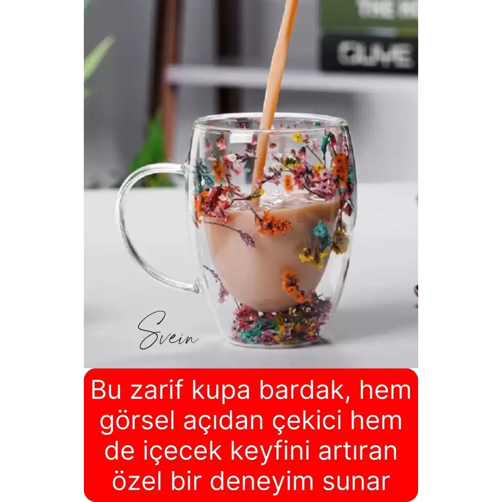 Premium Kurutulmuş Çiçekli Şık Çift Katman Cam Kupa Bardak Hediyelik Kulplu Fincan 250 ml