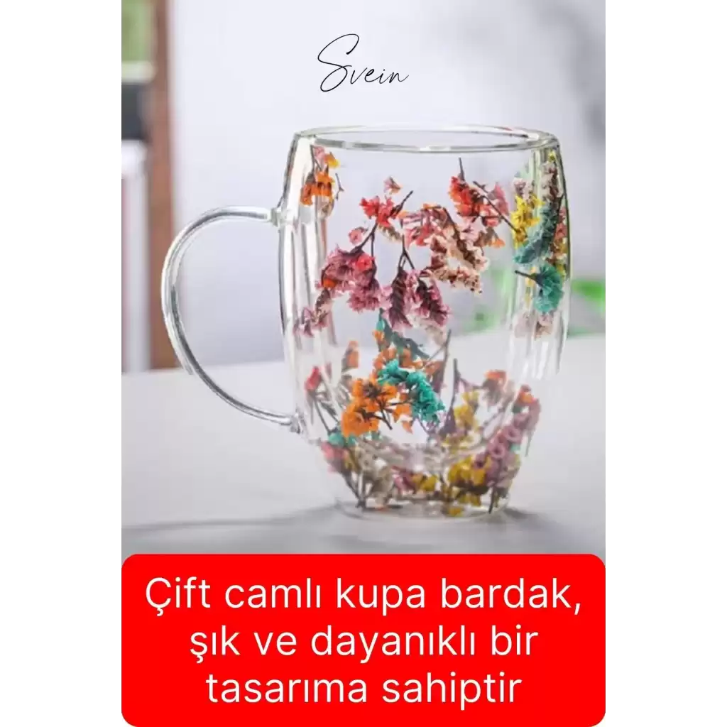 Premium Kurutulmuş Çiçekli Şık Çift Katman Cam Kupa Bardak Hediyelik Kulplu Fincan 250 ml