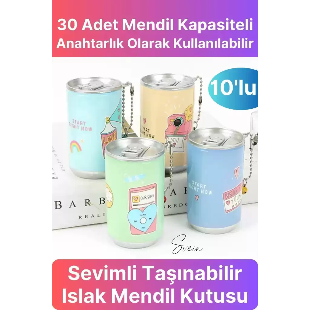 10lu Fenomen Sevimli Teneke Kutu Görünümlü Islak Mendil Saklama Kutusu Kabı Anahtarlık Çanta Süsü