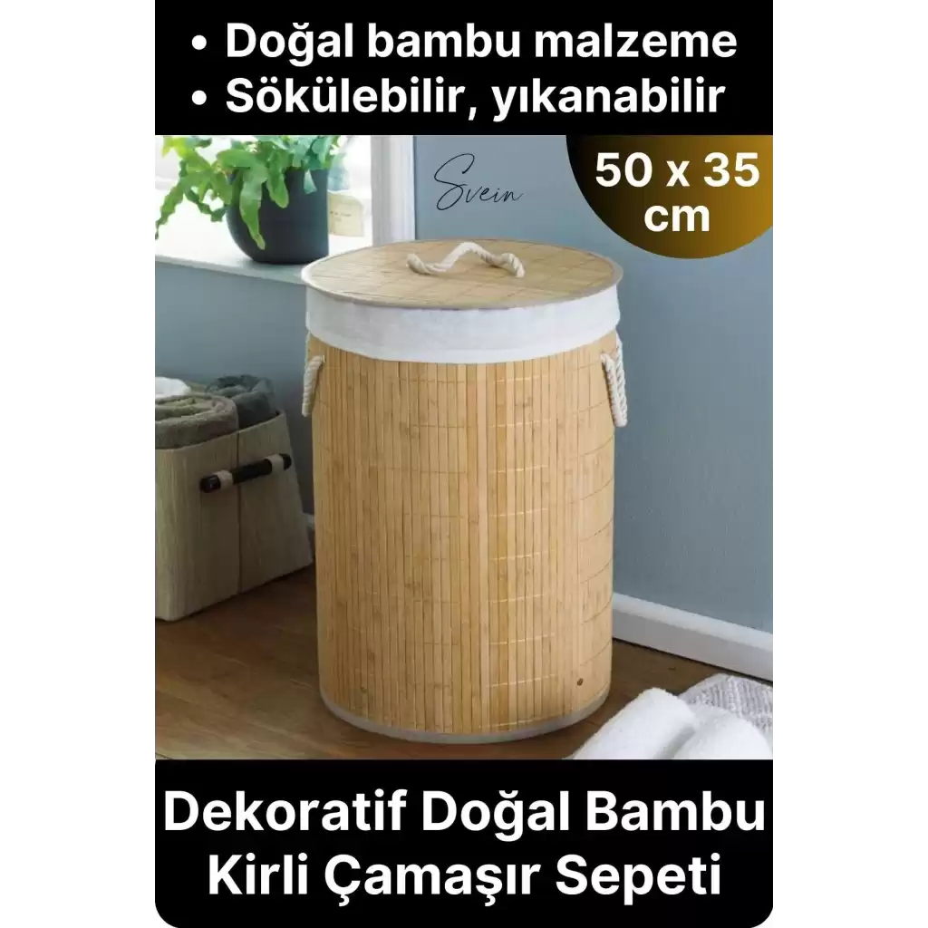 Premium Yuvarlak Bambu Kirli Çamaşır Sepeti Dekoratif Katlanabilir Yıkanabilir Geniş Hacim Hazneli