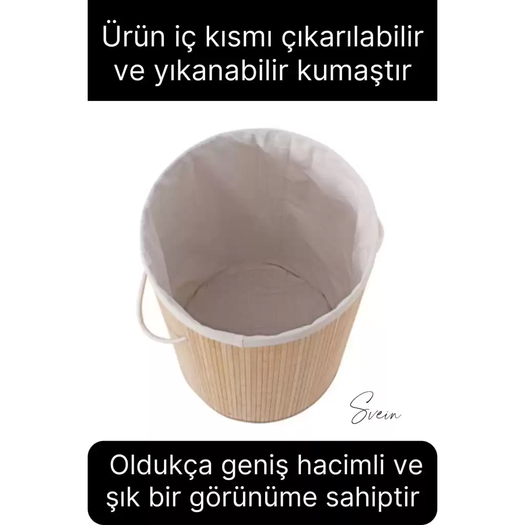 Premium Yuvarlak Bambu Kirli Çamaşır Sepeti Dekoratif Katlanabilir Yıkanabilir Geniş Hacim Hazneli